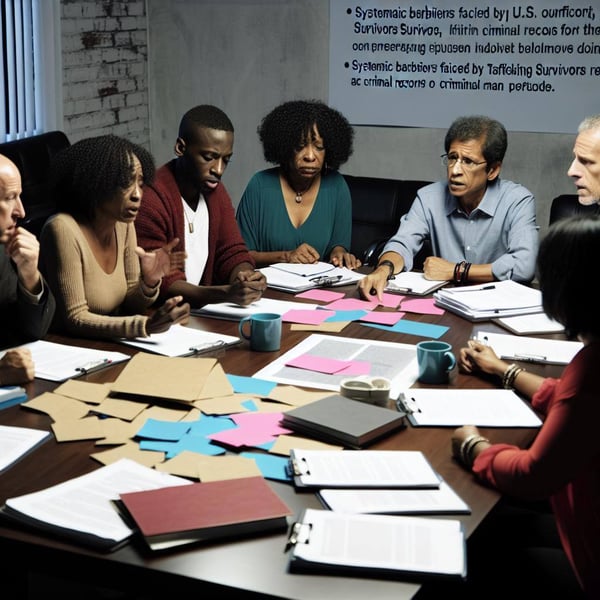 A discussion about systemic barriers faced by trafficking survivors, focusing on criminal records and the need for the Trafficking Survivors Relief Ac